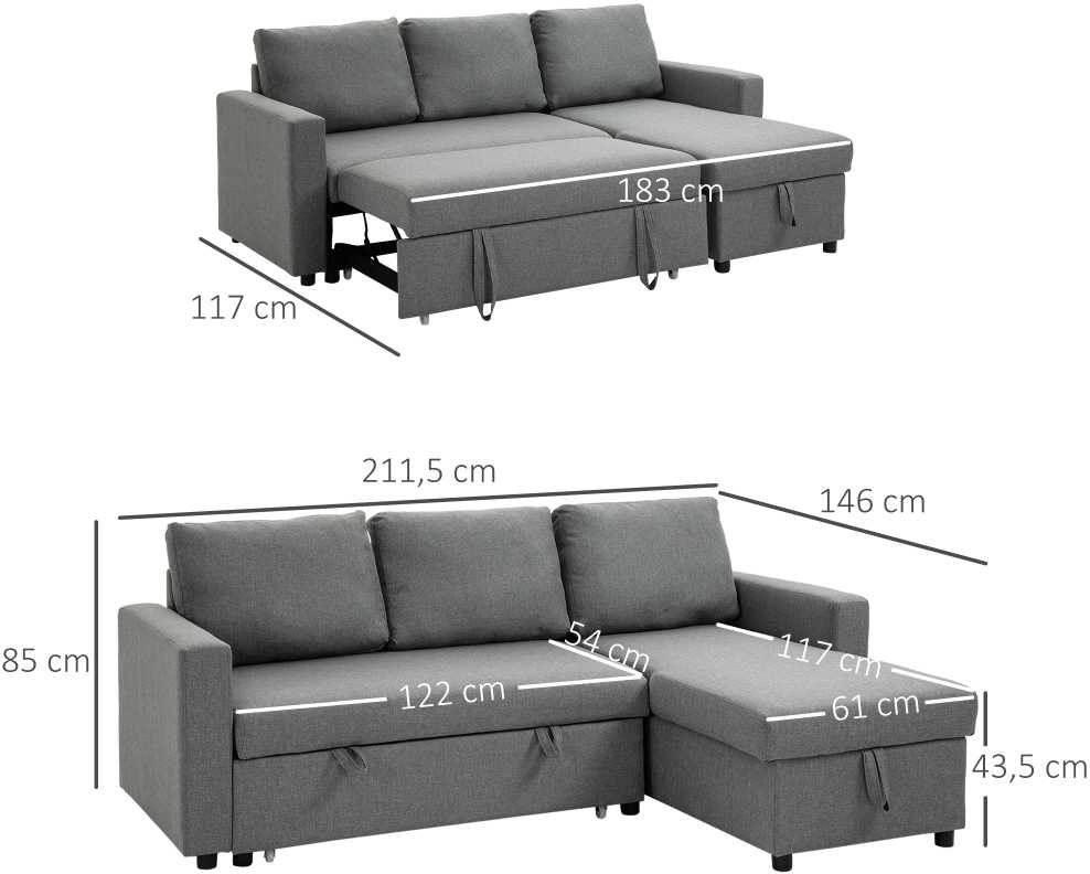 HOMCOM kampinė sofa lova su daiktadėže, šezlongu, L-formos, lino išvaizdos audinys, šviesiai pilka, 211,5 x 146 x 85 cm