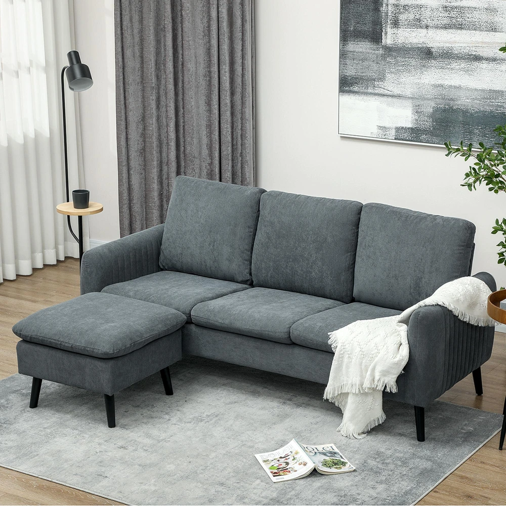 HOMCOM kampinė sofa su pufu, 3 pagalvės, L formos sofa svetainei ar miegamajam, 196 x 140 x 88 cm, pilka