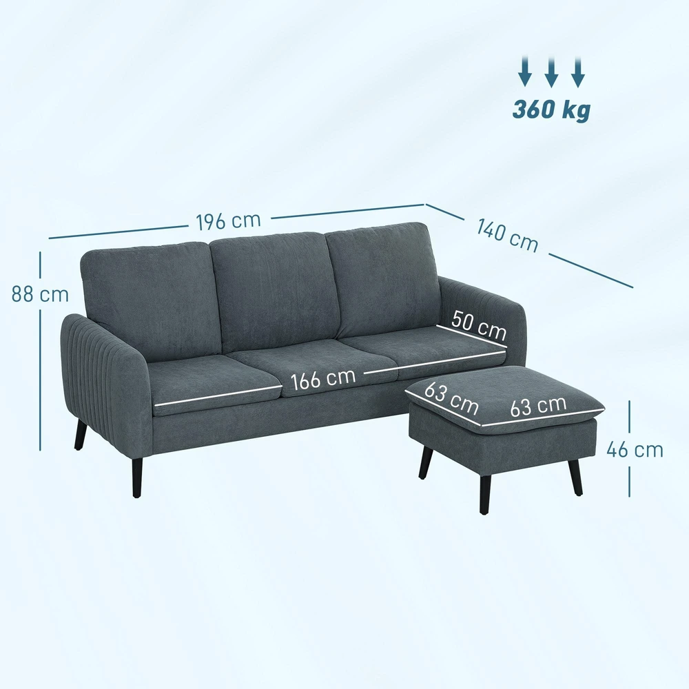 HOMCOM kampinė sofa su pufu, 3 pagalvės, L formos sofa svetainei ar miegamajam, 196 x 140 x 88 cm, pilka