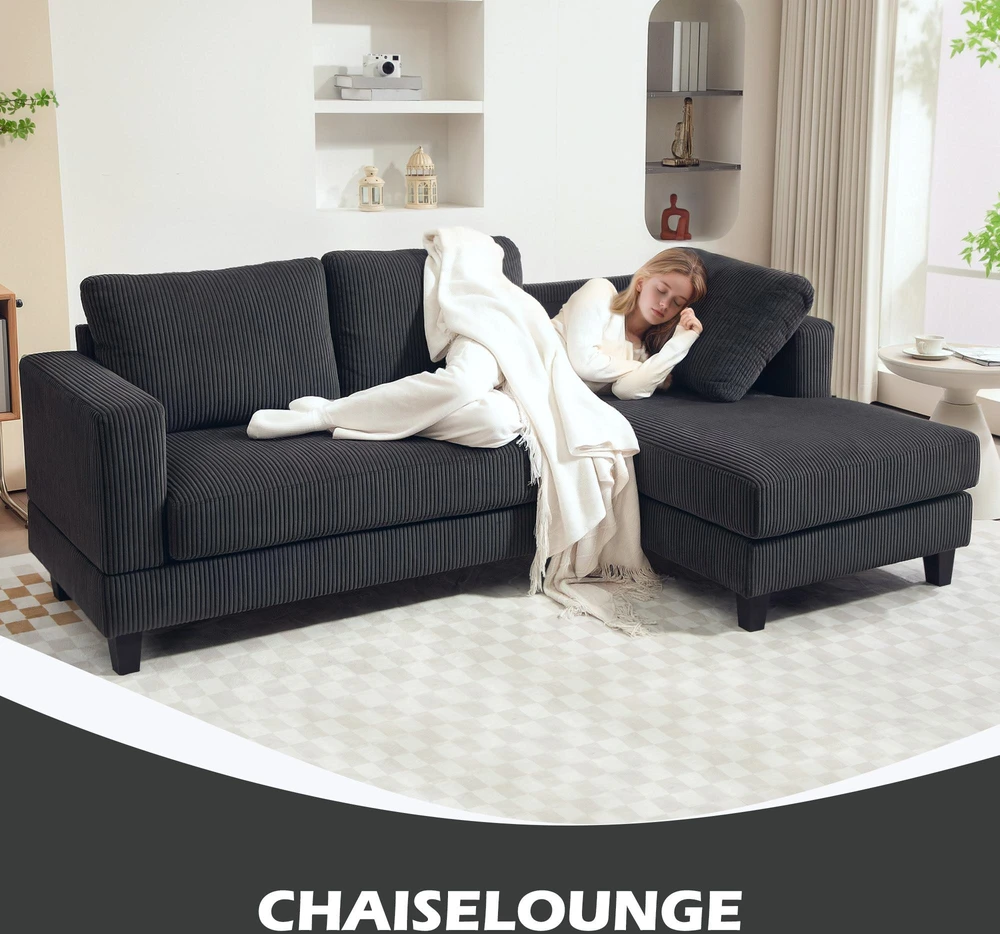 HOMCOM Kampinė sofa su šezlongu, 3 vietų, L formos, paminkštinta, su korduro atrodančiu audiniu, didelio tankio putplasčiu, iki 400 kg, skirta svetainei, miegamajam, 214 x 134 x 87 cm, tamsiai pilka
