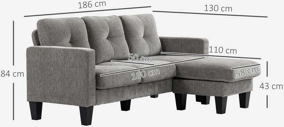 HOMCOM kampinė sofa, L-formos sofa su perstatomu šezlongu, 186 x 130 x 84 cm, ruda