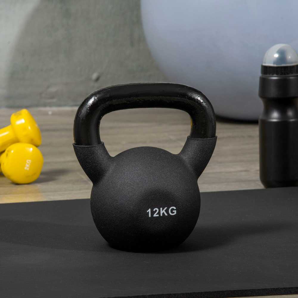 HOMCOM kamuolio hantelis iš ketaus neopreno dangos, apsaugantis grindis, sūpynės hantelis juodas 12 KG