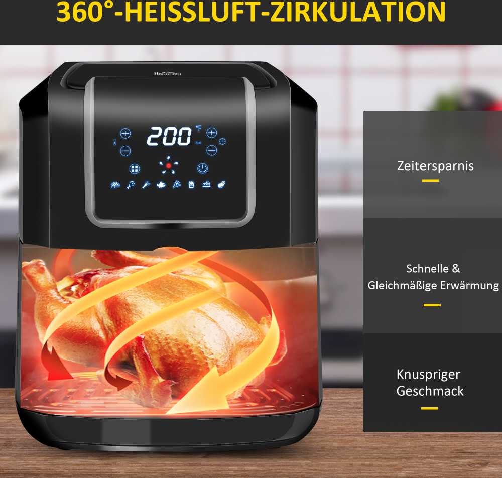 HOMCOM karšto oro gruzdintuvė 6,5 l, 1700 W, su 8 meniu ir LED ekranu, nelimpančia danga, sveikam gaminimui be aliejaus, juoda, 36,5 x 29 x 33,8 cm
