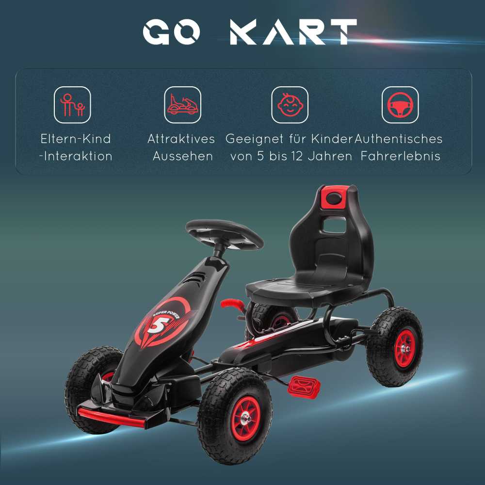 HOMCOM vaikiškas kartingas, reguliuojama sėdynė, pedalinis automobilis su guminiais ratais ir rankiniu stabdžiu, skirtas 5–12 metų vaikams, lauko pramogoms, raudona ir juoda spalva