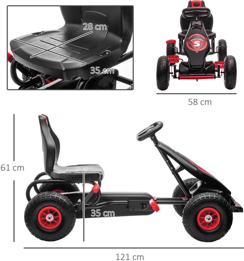 HOMCOM vaikiškas kartingas, reguliuojama sėdynė, pedalinis automobilis su guminiais ratais ir rankiniu stabdžiu, skirtas 5–12 metų vaikams, lauko pramogoms, raudona ir juoda spalva