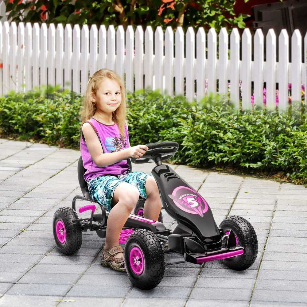 HOMCOM vaikiškas kartingas, reguliuojama sėdynė, guminės padangos, pedalai ir rankinis stabdis, pedalinis automobilis 5–12 metų vaikams, lauko, rožinė