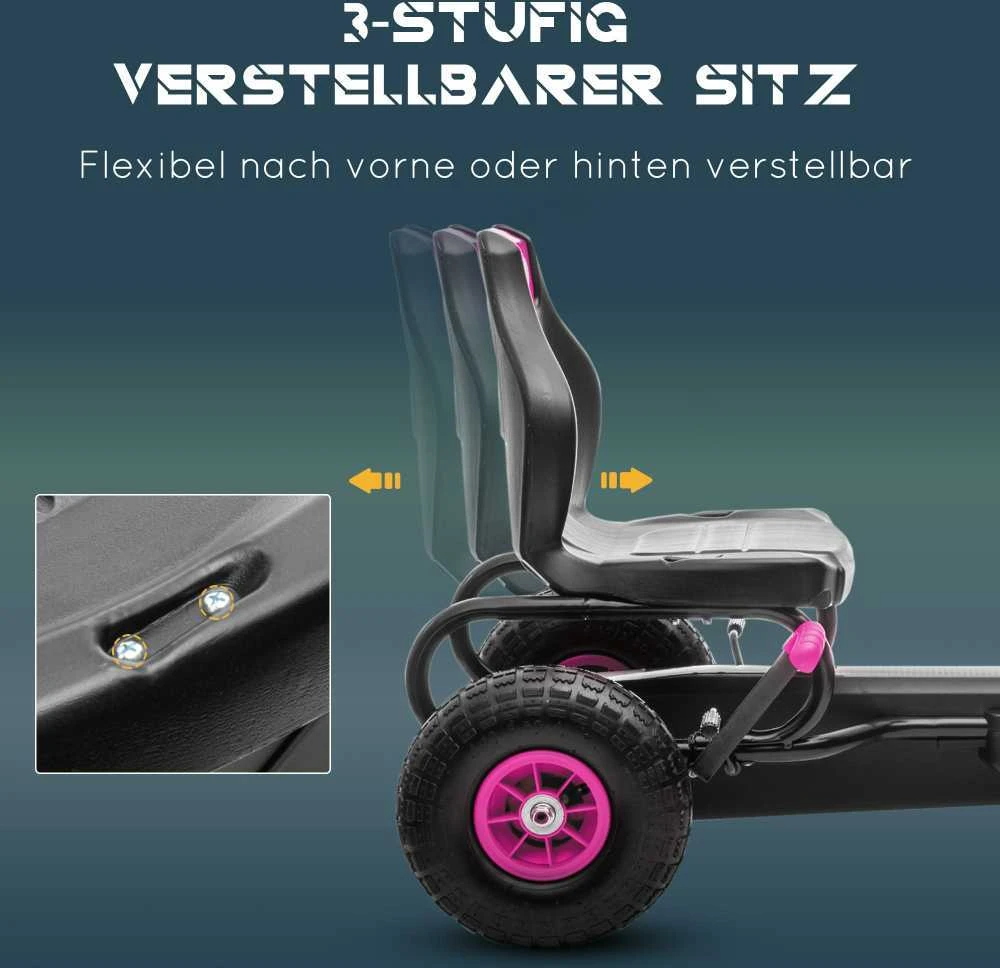HOMCOM vaikiškas kartingas, reguliuojama sėdynė, guminės padangos, pedalai ir rankinis stabdis, pedalinis automobilis 5–12 metų vaikams, lauko, rožinė