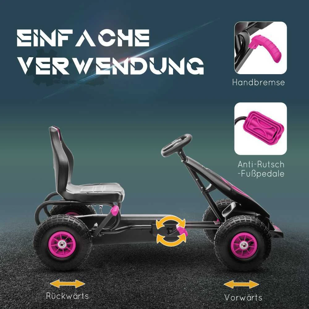 HOMCOM vaikiškas kartingas, reguliuojama sėdynė, guminės padangos, pedalai ir rankinis stabdis, pedalinis automobilis 5–12 metų vaikams, lauko, rožinė
