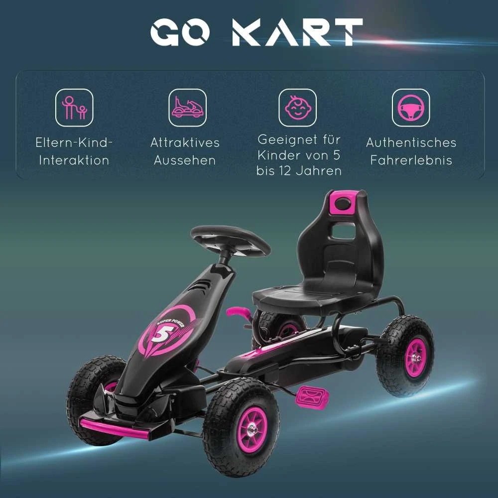 HOMCOM vaikiškas kartingas, reguliuojama sėdynė, guminės padangos, pedalai ir rankinis stabdis, pedalinis automobilis 5–12 metų vaikams, lauko, rožinė