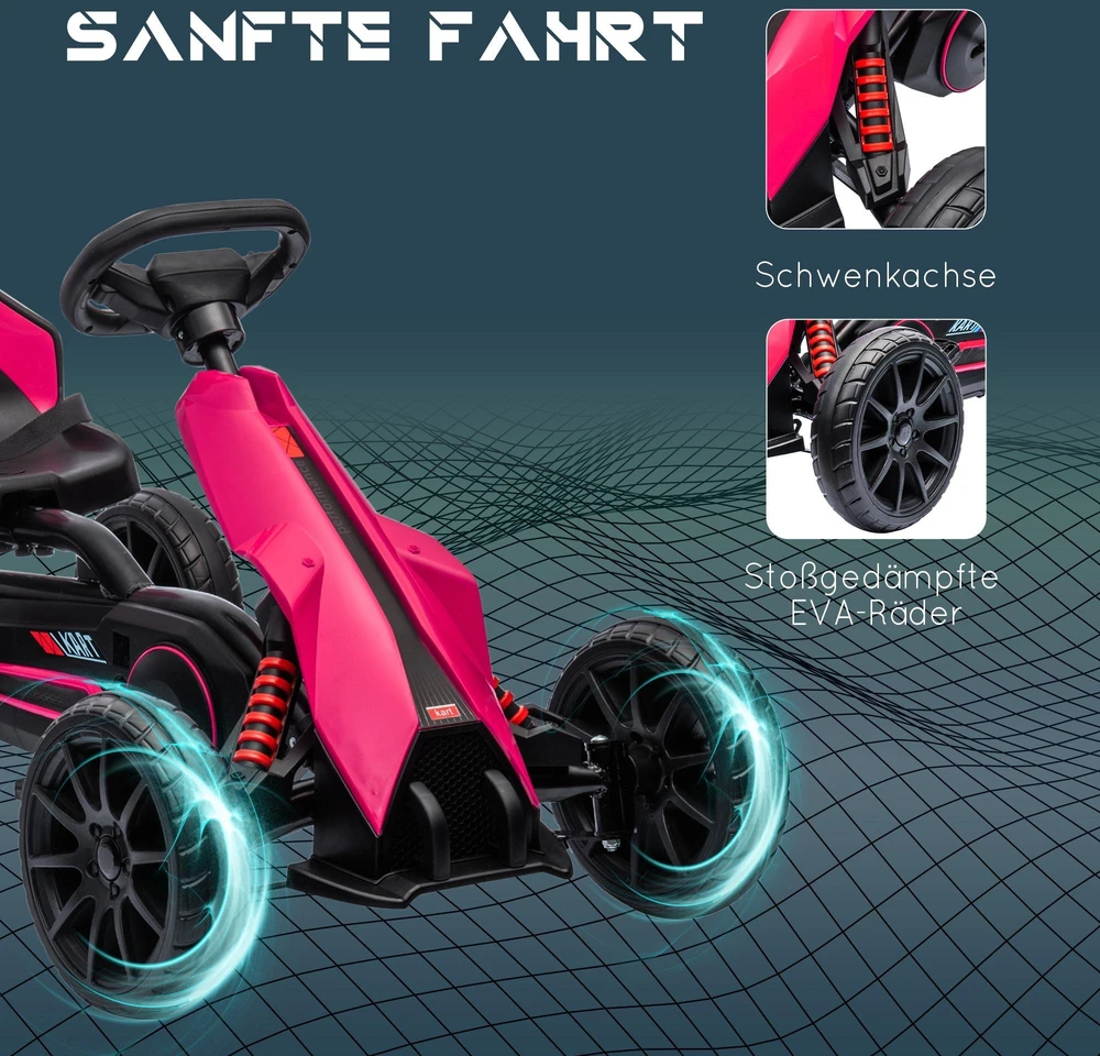 HOMCOM Gokart pedalinis automobilis su rankiniu stabdžiu, reguliuojama sėdyne, priekine ir atbuline pavara, vaikiška transporto priemonė, pedalinis automobilis vaikams nuo 3–8 metų, rožinis