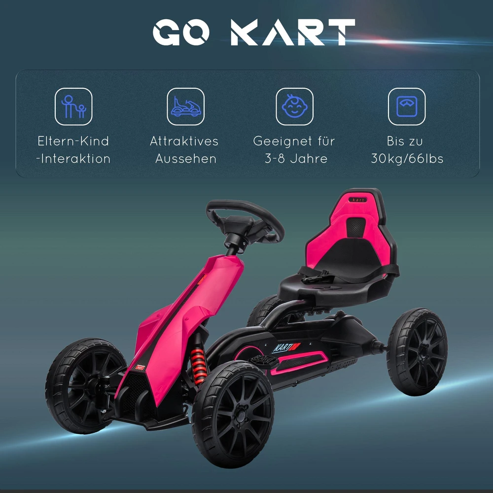 HOMCOM Gokart pedalinis automobilis su rankiniu stabdžiu, reguliuojama sėdyne, priekine ir atbuline pavara, vaikiška transporto priemonė, pedalinis automobilis vaikams nuo 3–8 metų, rožinis