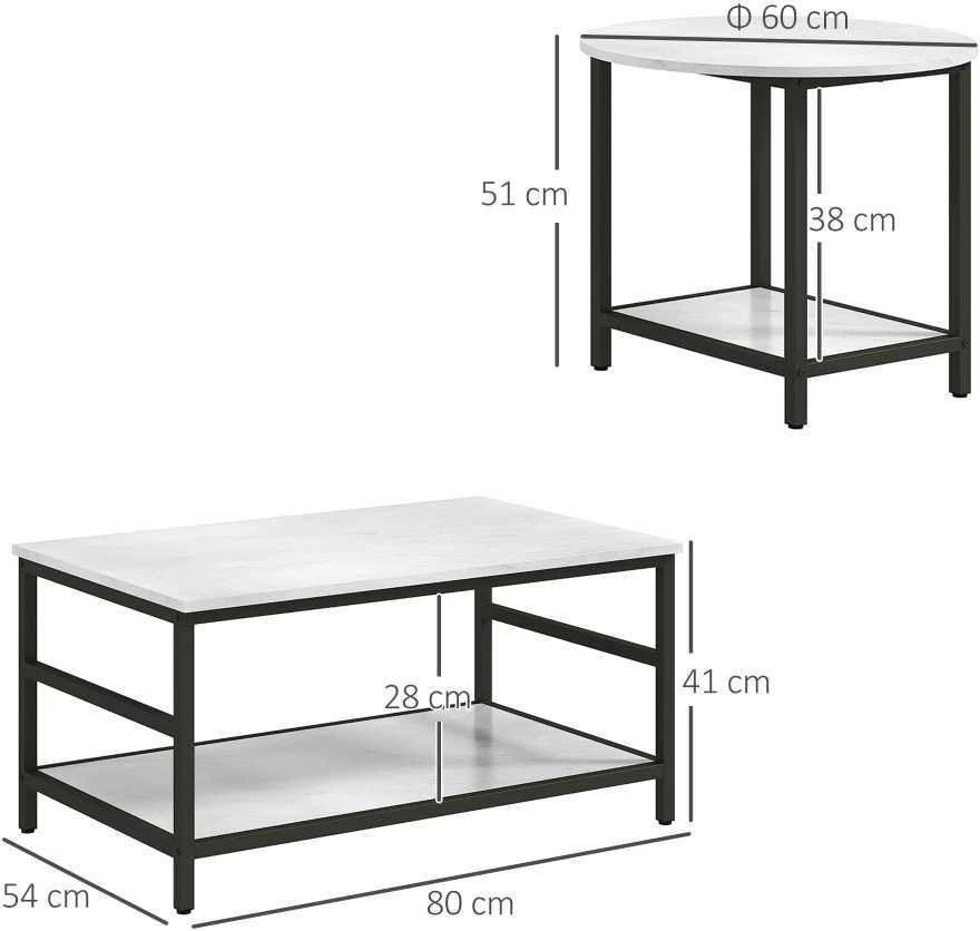 HOMCOM kavos staliukų komplektas iš 2 dalių, šoninis staliukas, žurnalinis staliukas, modernaus dizaino, svetainės stalas su marmuro imitacija, miegamajam, plienas