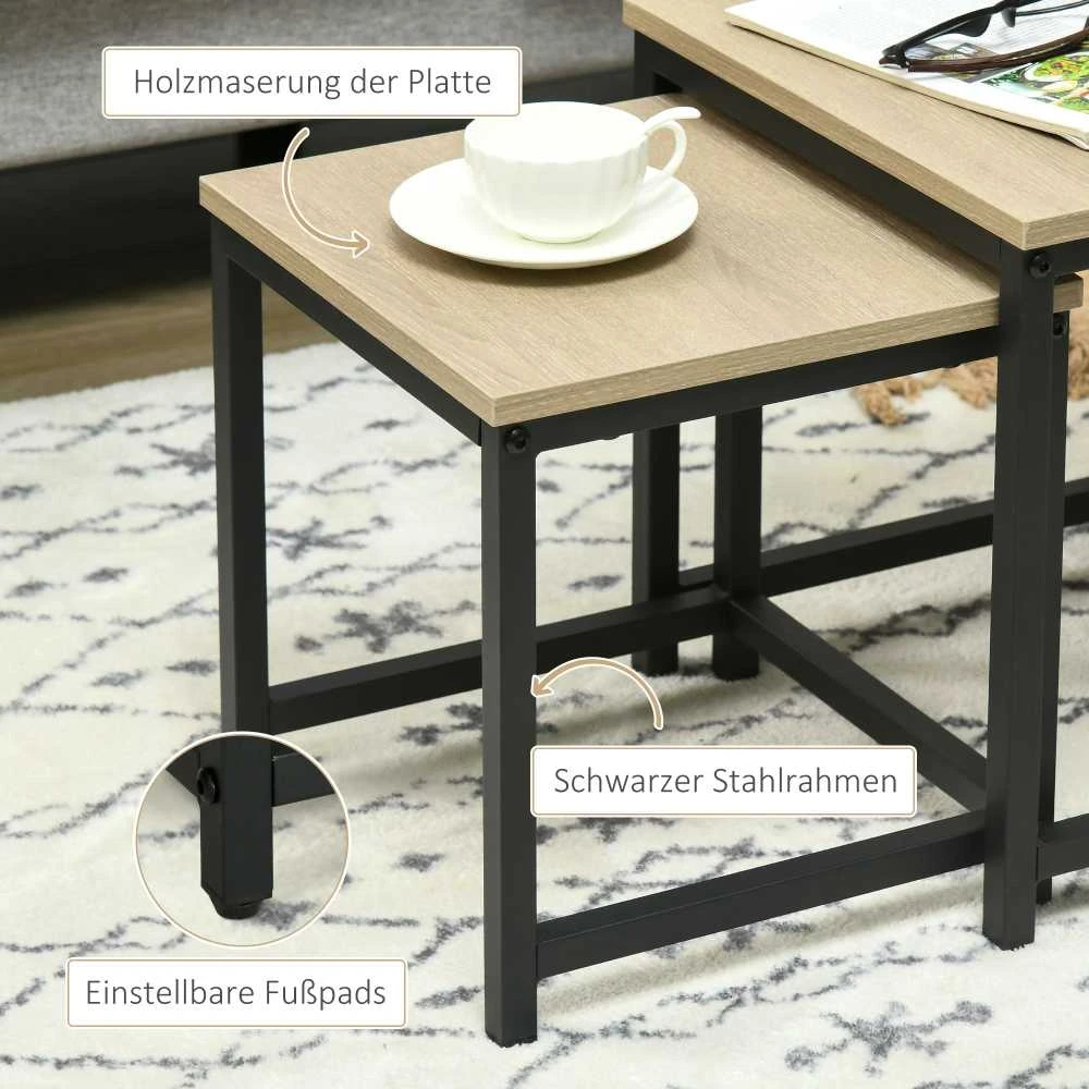 HOMCOM 3 dalių kavos staliukų komplektas, šoninis staliukas, komplektuojamas staliukas su plieniniu rėmu, industrinio stiliaus sofos staliukas, kavos staliukas, svetainės stalas su medžio imitacija, natūrali spalva