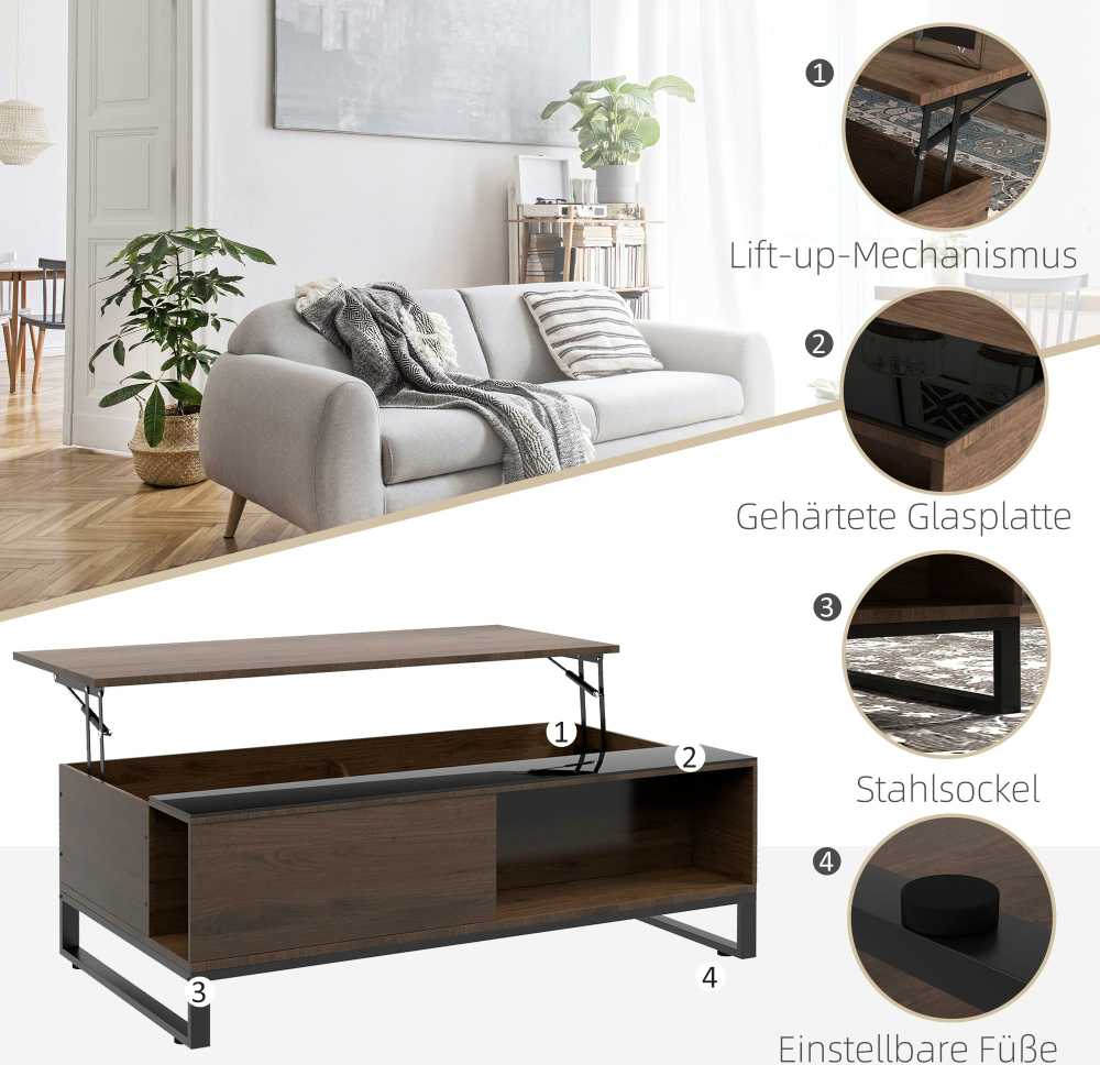 HOMCOM kavos staliukas, svetainės staliukas su pakeliamu stalviršiu, staliukas su daiktadėže, modernaus dizaino staliukas, plienas, riešutmedžio, juodas, 102 x 58 x 35,5 cm