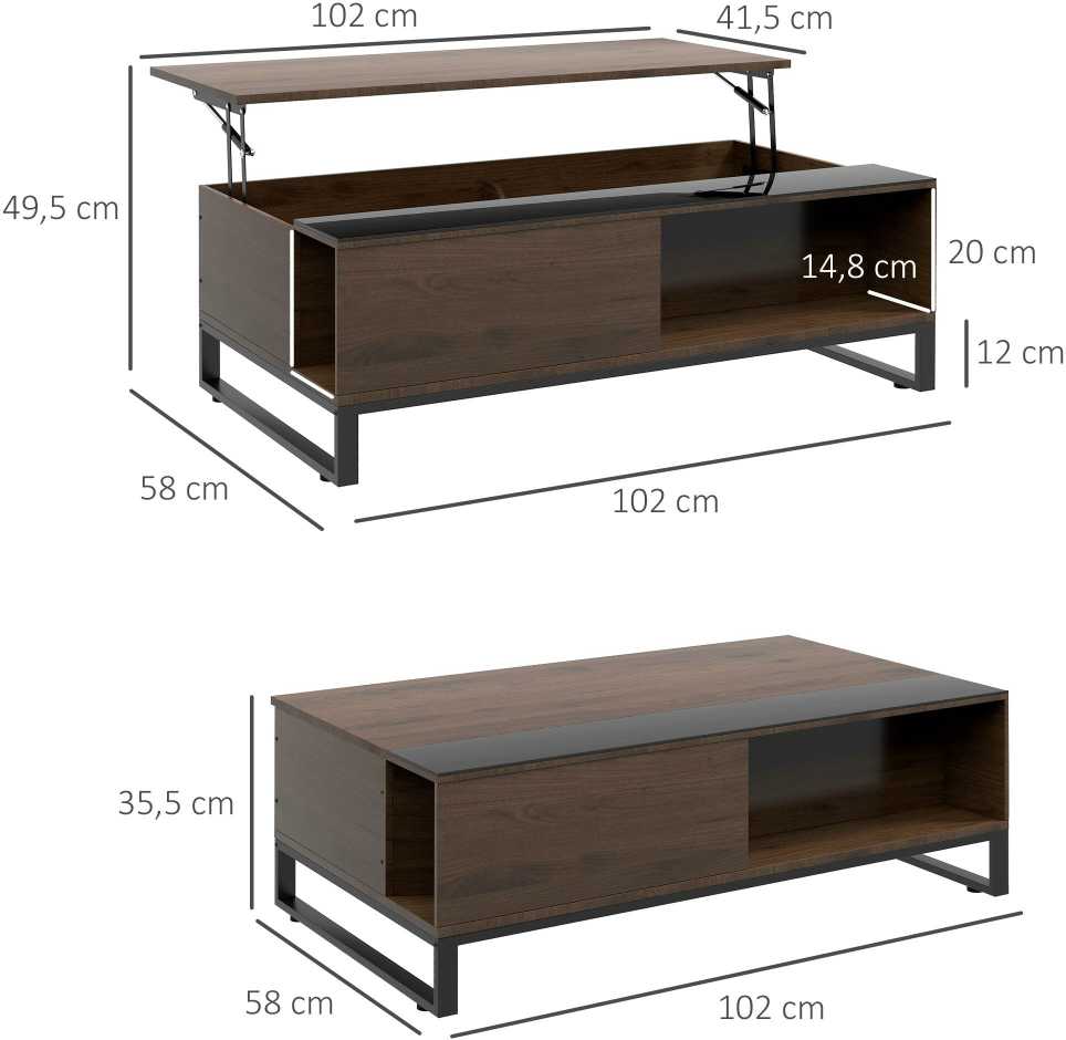 HOMCOM kavos staliukas, svetainės staliukas su pakeliamu stalviršiu, staliukas su daiktadėže, modernaus dizaino staliukas, plienas, riešutmedžio, juodas, 102 x 58 x 35,5 cm