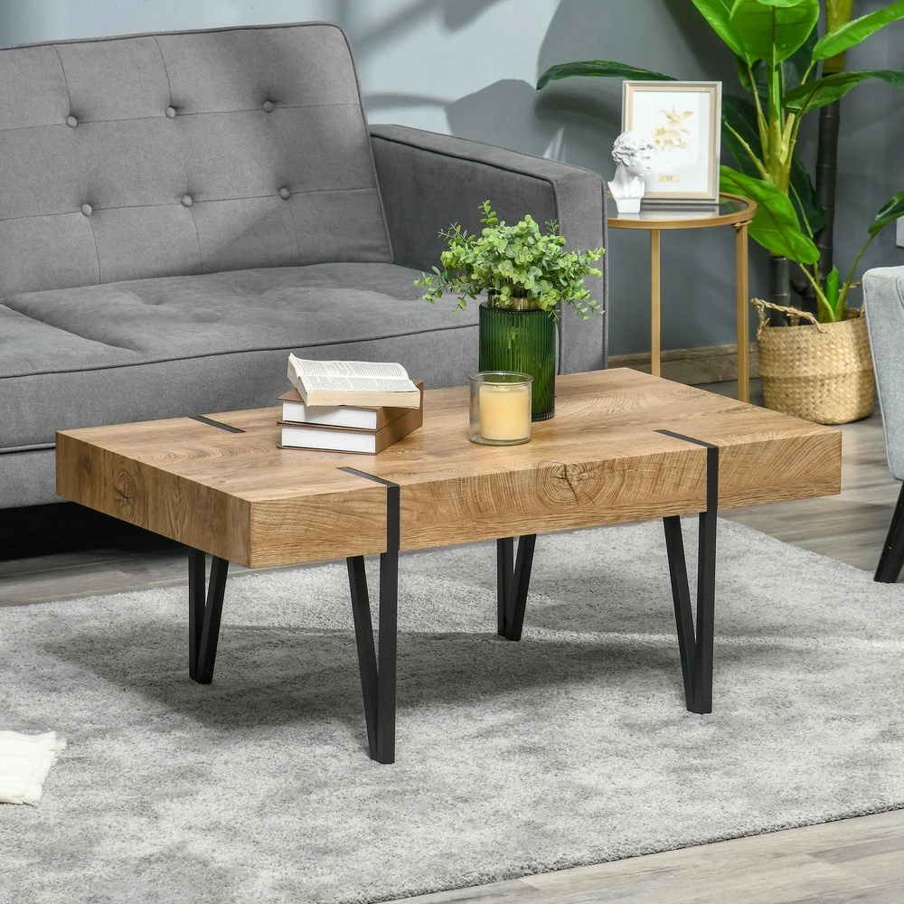 HOMCOM kavos staliukas, šoninis staliukas, svetainės stalas su reguliuojamomis kojelėmis, pramoninio stiliaus, MDF, metalas, natūralaus medžio spalvos, 105 x 60 x 42 cm