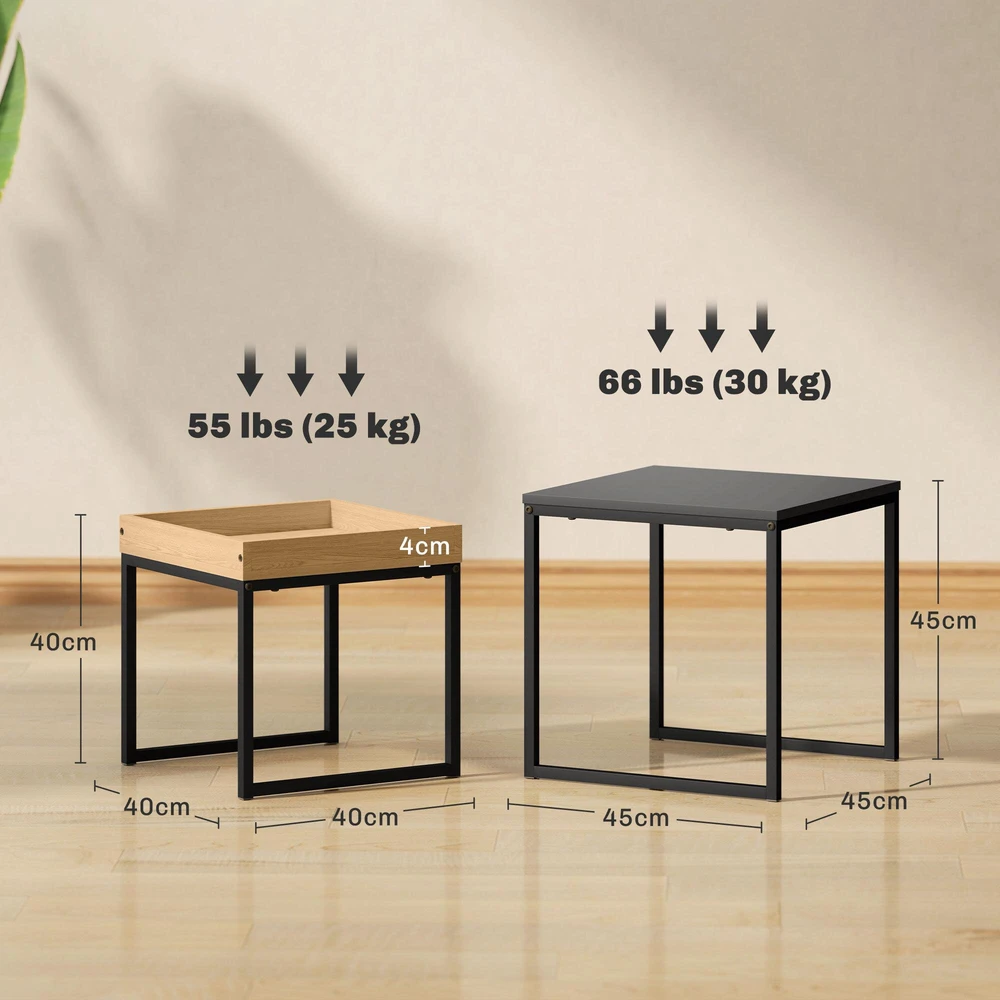 HOMCOM kavos staliukų rinkinys (2 vnt.), kampinis šoninis staliukas, staliukas kavai su plieniniu rėmu, modernaus dizaino svetainės staliukas, tinka svetainei, atlaiko iki 30 kg, juodos ir ąžuolo spalvos