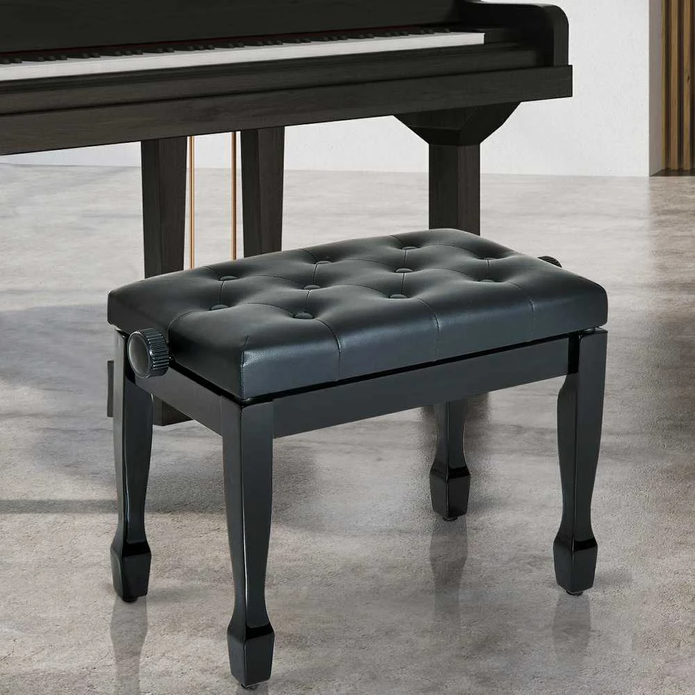 HOMCOM pianino suoliukas, kėdė pianinui, kosmetinė kėdutė, reguliuojamo aukščio taburetė muzikavimo pratyboms, medžio masyvas, dirbtinė oda, juoda, 64 x 35 x 45-55 cm