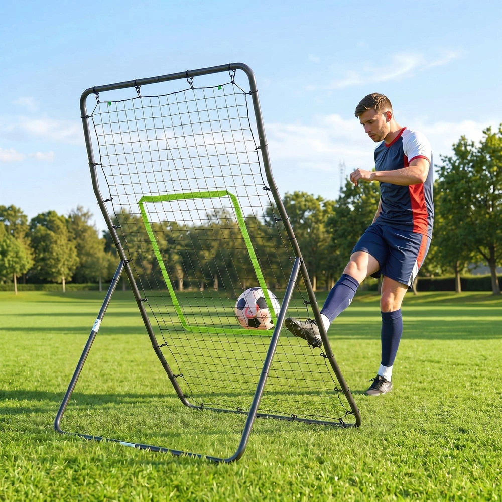 HOMCOM futbolo atšokimo sienelė, tinklas, plienas+PE, 75x126cm, treniruočių priemonė futbolui, juoda