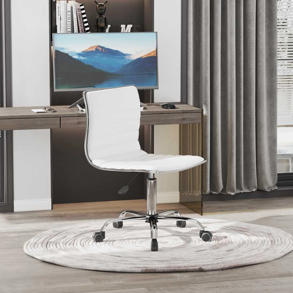 HOMCOM kirpyklos kėdė, saloninė kėdė, pasukama kėdė, reguliuojamo aukščio, su atlošu, plienas, PU oda, balta, 48x52x78-90 cm