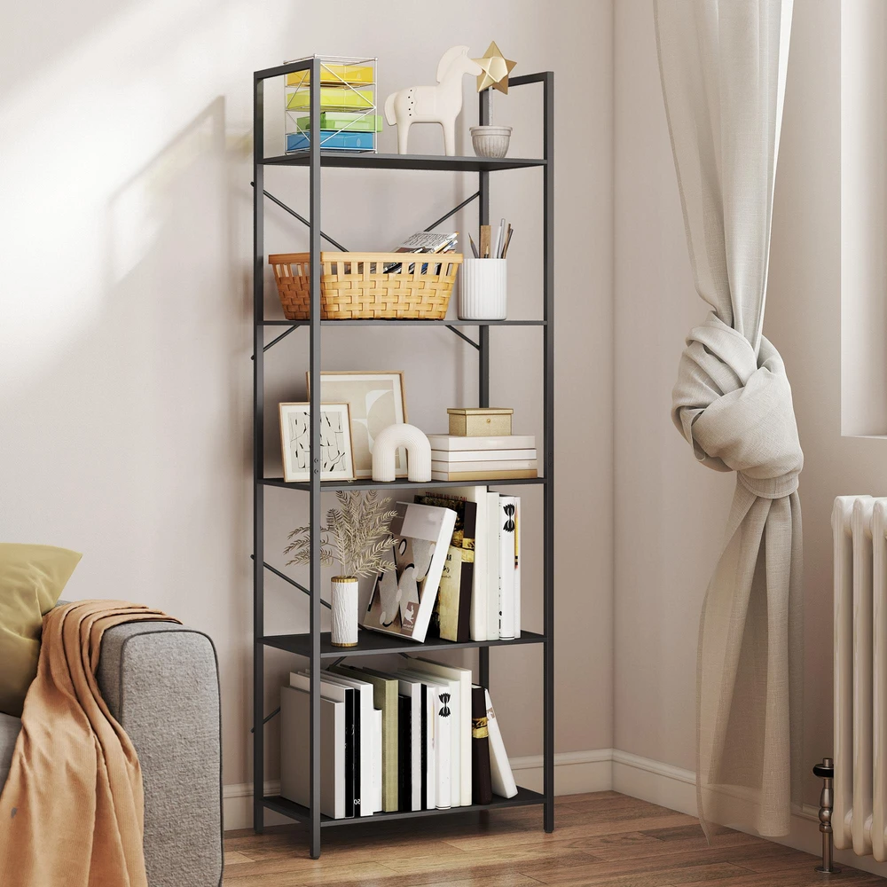 HOMCOM knygų lentyna, pastatoma lentyna su 5 pakopomis, pramoninio stiliaus biuro lentyna su metaliniu rėmu, atvira saugojimo lentyna svetainei, biurui, darbo kambariui, 60x30x170,5 cm, juoda
