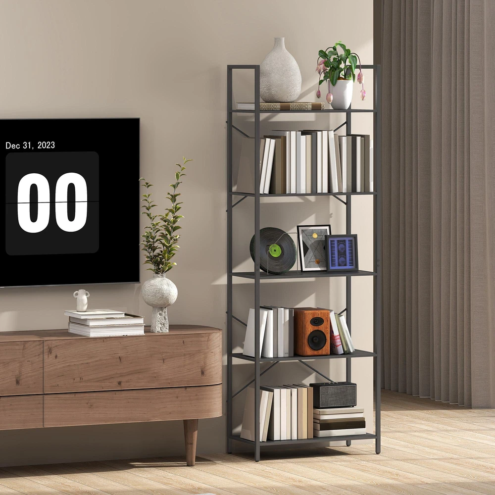 HOMCOM knygų lentyna, pastatoma lentyna su 5 pakopomis, pramoninio stiliaus biuro lentyna su metaliniu rėmu, atvira saugojimo lentyna svetainei, biurui, darbo kambariui, 60x30x170,5 cm, juoda