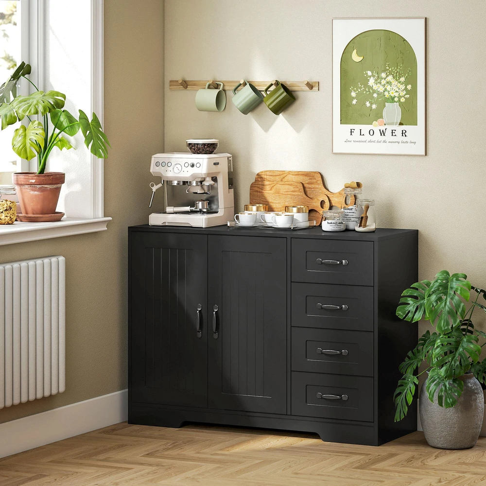 HOMCOM komoda, bufetas, modernaus stiliaus, 4 stalčiai, 1 spintelė, 105 x 40 x 76 cm, juoda