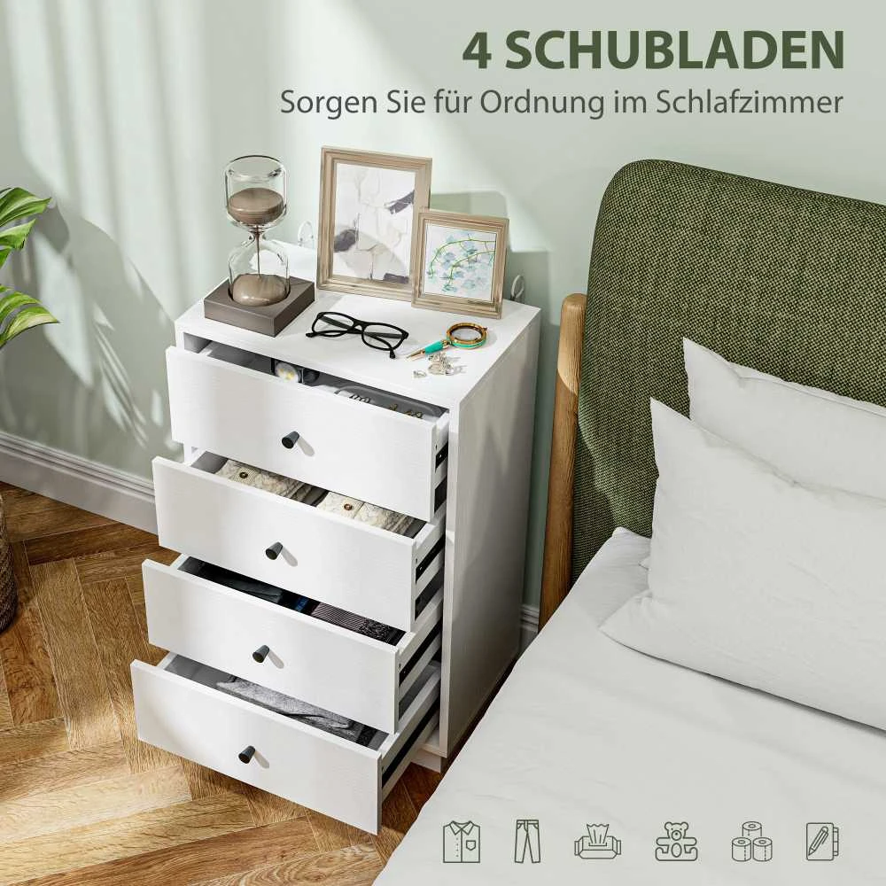 HOMCOM komoda, šoninė spintelė su 4 stalčiais, pagaminta iš medienos plaušų plokštės, modernaus stiliaus daiktų laikymo spintelė, stalčių spintelė svetainei, miegamajam, prieškambariui, 47 x 29 x 75 cm, balta