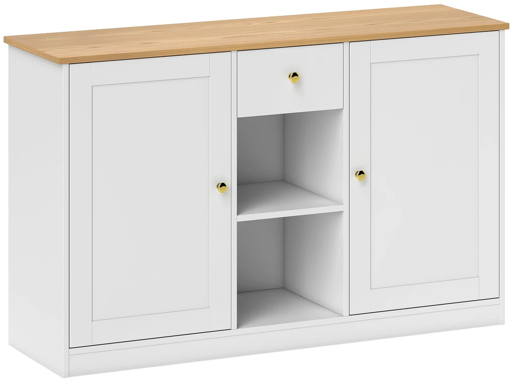 HOMCOM komoda, spintelė daiktams su stalčiumi, 2 durelėmis ir 2 atviromis lentynomis, pagalbinė spintelė virtuvei ar svetainei, 120 x 35 x 75,2 cm, balta