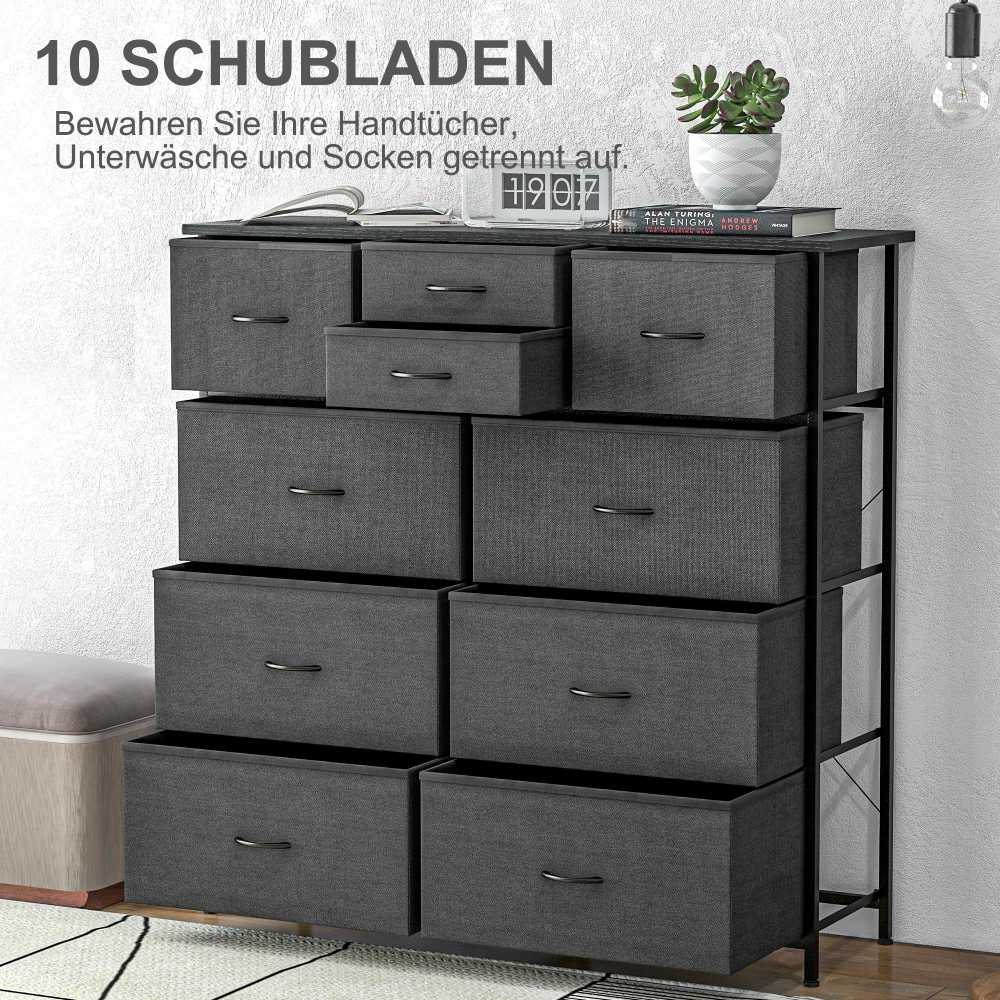 HOMCOM Komoda, spintelė su 10 sulankstomų medžiaginių stalčių, modernaus stiliaus komoda svetainei, miegamajam, plienas, juoda