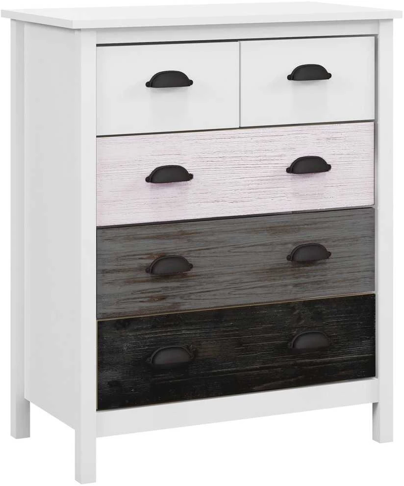 HOMCOM komoda, daiktadėžė su 5 stalčiais, spintelė su rankenėlėmis, apsauga nuo apvirtimo, miegamajam, svetainei, balta, 70 x 38 x 85 cm