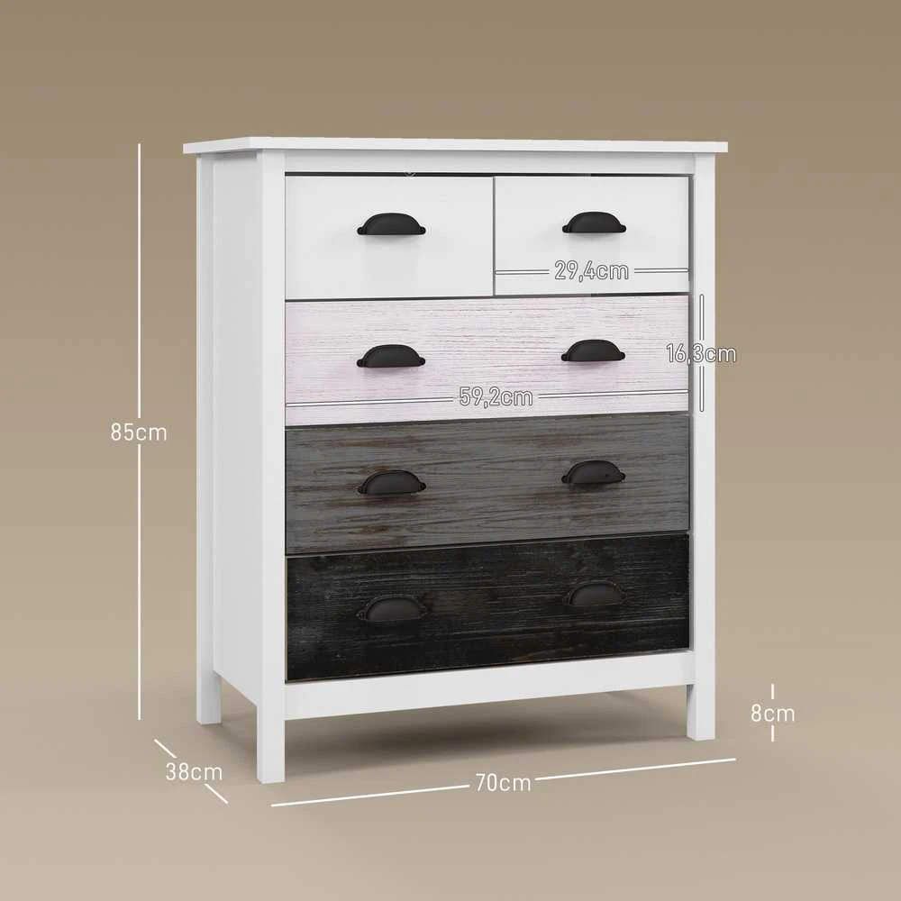 HOMCOM komoda, daiktadėžė su 5 stalčiais, spintelė su rankenėlėmis, apsauga nuo apvirtimo, miegamajam, svetainei, balta, 70 x 38 x 85 cm