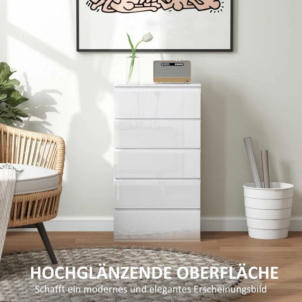 HOMCOM komoda su 5 stalčių, spintelė daiktams laikyti, su apsaugos nuo apvirtimo dirželiais, svetainei, miegamajam, balta, 55 x 34 x 100 cm