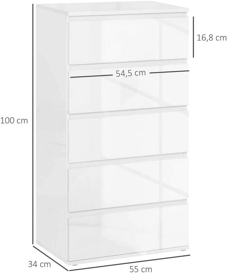 HOMCOM komoda su 5 stalčių, spintelė daiktams laikyti, su apsaugos nuo apvirtimo dirželiais, svetainei, miegamajam, balta, 55 x 34 x 100 cm
