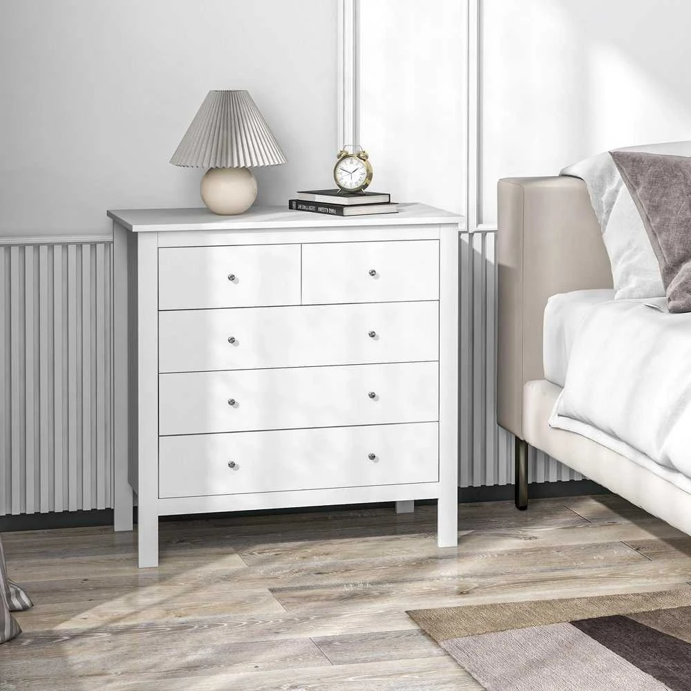 HOMCOM Komoda su stalčiais Komoda su 5 stalčiais Komoda su stalčiais su priešpriešiais Miegamasis Svetainė Balta 79x39,5x80,5cm
