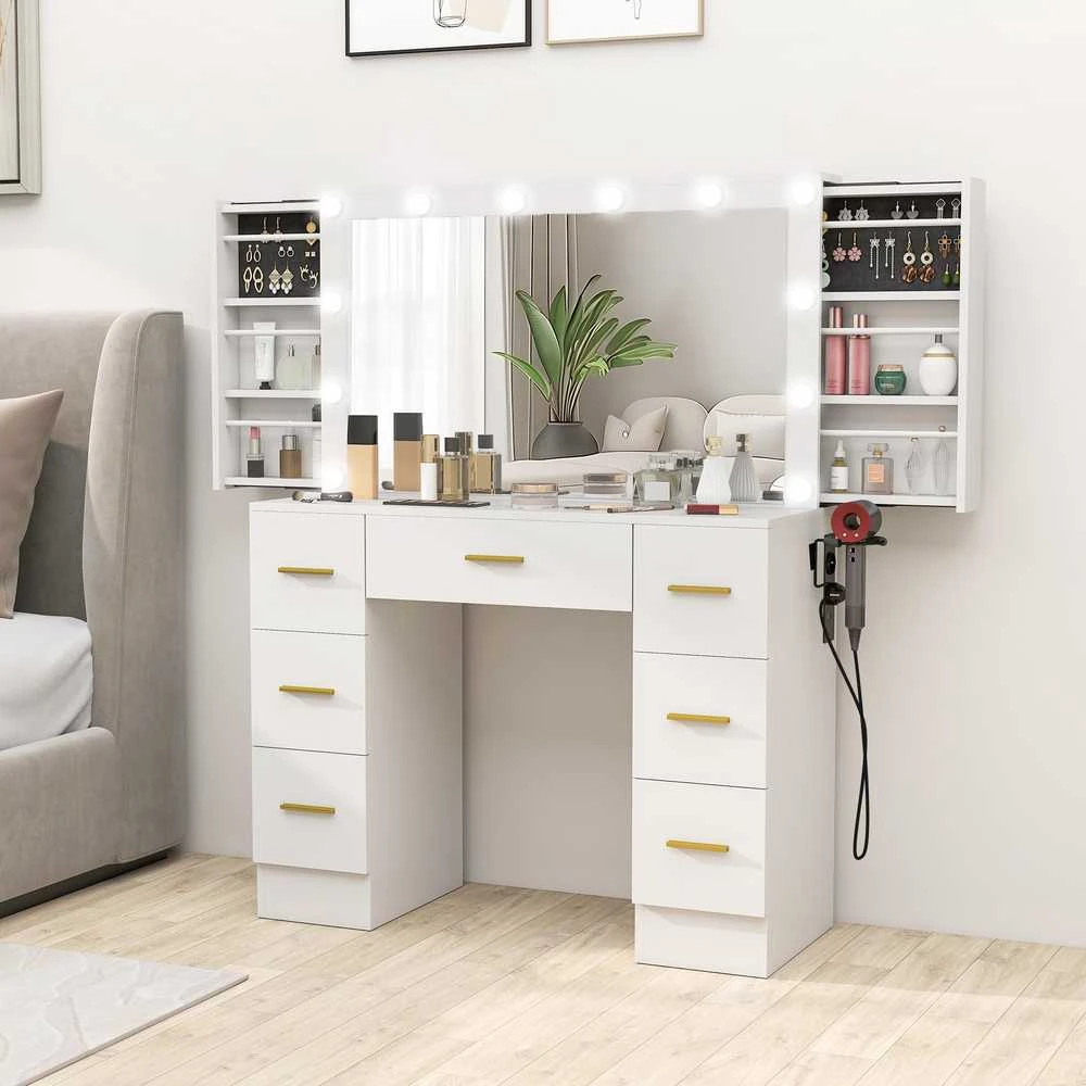 HOMCOM kosmetinis staliukas su veidrodžiu ir 12 LED lempučių, tualetinis staliukas su 7 stalčiais, 6 paslėptais laikymo skyriais, medžio drožlių plokštė, baltas