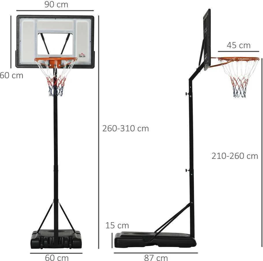 HOMCOM krepšinio stovas su ratukais, reguliuojamas aukštis 260-310 cm