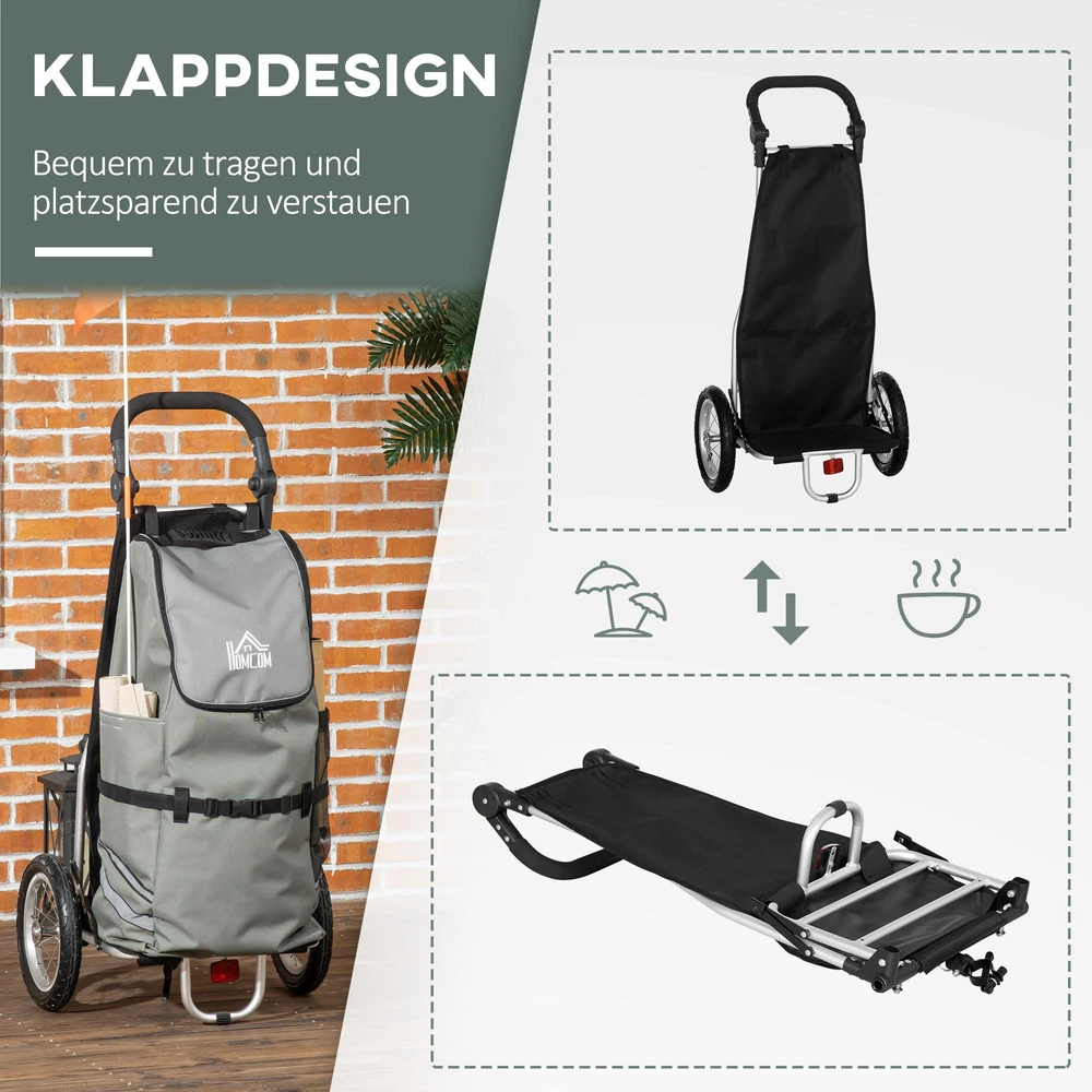HOMCOM krovininė priekaba ir pirkinių vežimėlis 2 viename, dviračių priekaba su jungtimis, 24,3kg, 55 l, aliuminis + Oksfordo audinys, pilka ir sidabrinė, 53x43x110 cm