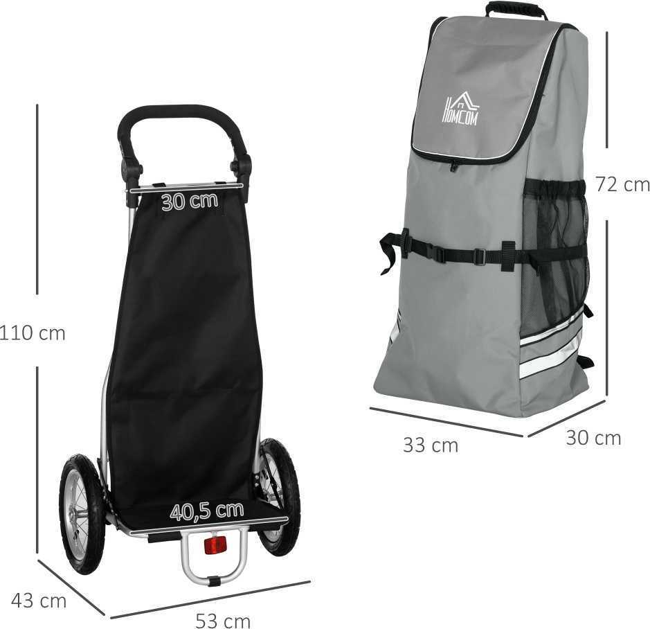 HOMCOM krovininė priekaba ir pirkinių vežimėlis 2 viename, dviračių priekaba su jungtimis, 24,3kg, 55 l, aliuminis + Oksfordo audinys, pilka ir sidabrinė, 53x43x110 cm