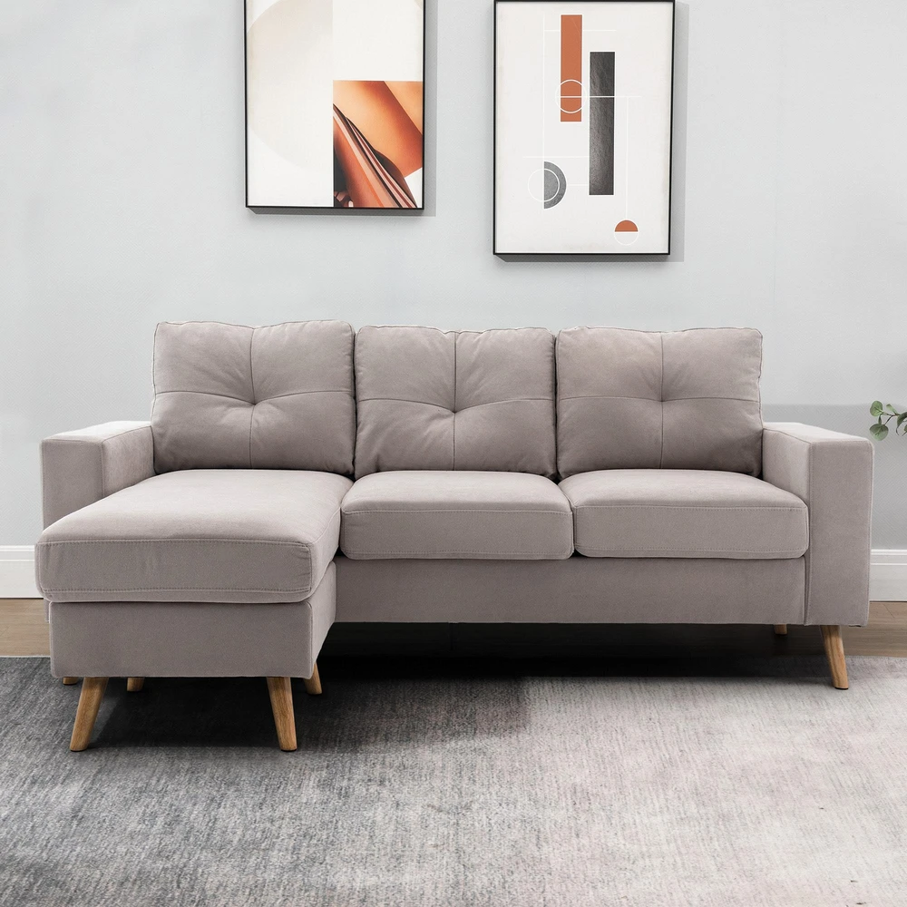 HOMCOM L-formos kampinė sofa, kampinis komplektas su lino išvaizdos audiniu, 3 vietų sofa su gultu, medžiaginė sofa svetainei, šviesiai pilka