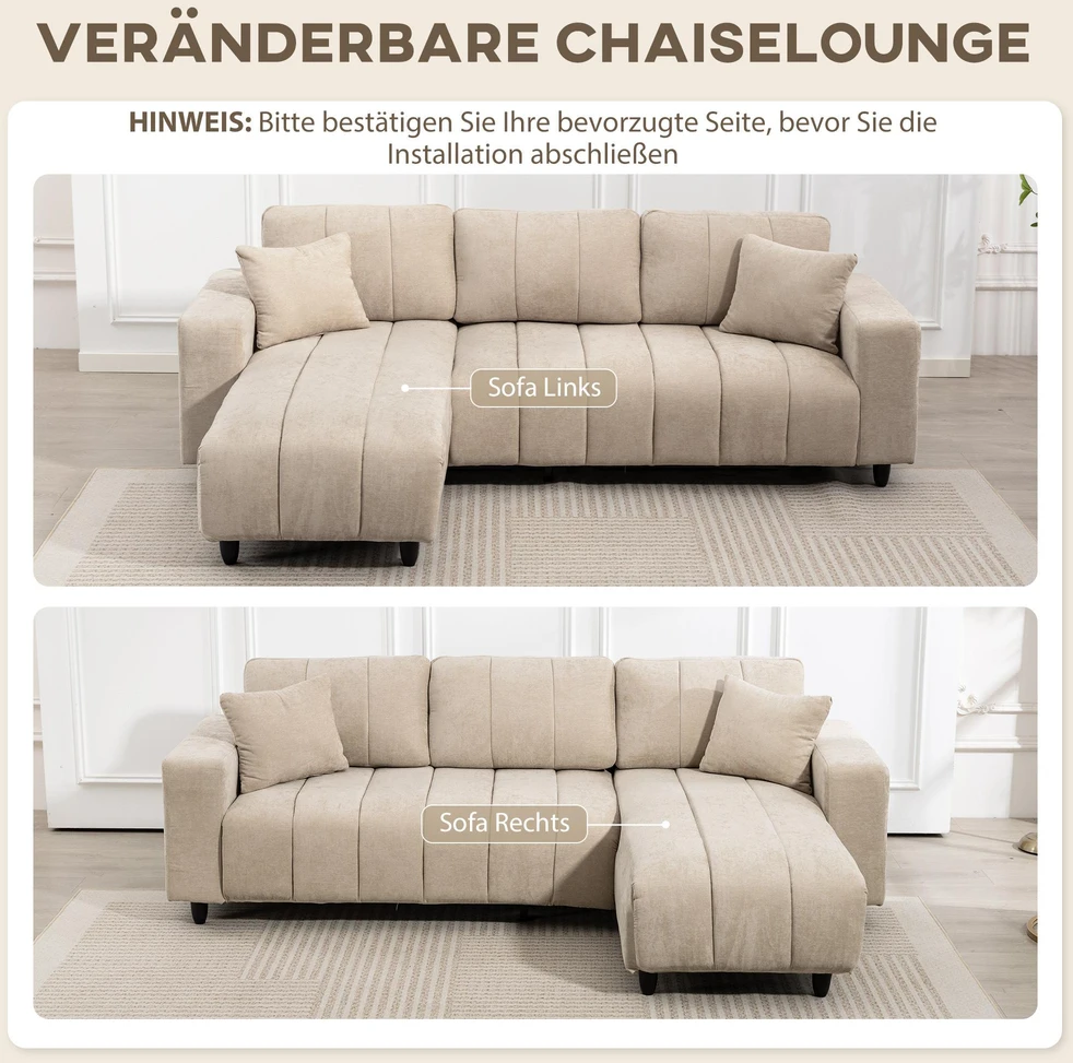 HOMCOM L-formos kampinė sofa su lanksčia šezlongo dalimi, 3 vietų sofa su 2 pagalvėmis, metaliniu rėmu, skirta svetainei, smėlio spalvos