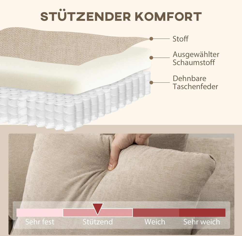 HOMCOM L-formos kampinė sofa su lanksčia šezlongo dalimi, 3 vietų sofa su 2 pagalvėmis, metaliniu rėmu, skirta svetainei, smėlio spalvos