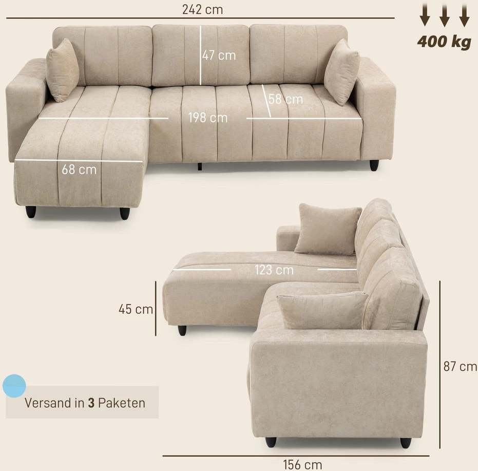 HOMCOM L-formos kampinė sofa su lanksčia šezlongo dalimi, 3 vietų sofa su 2 pagalvėmis, metaliniu rėmu, skirta svetainei, smėlio spalvos