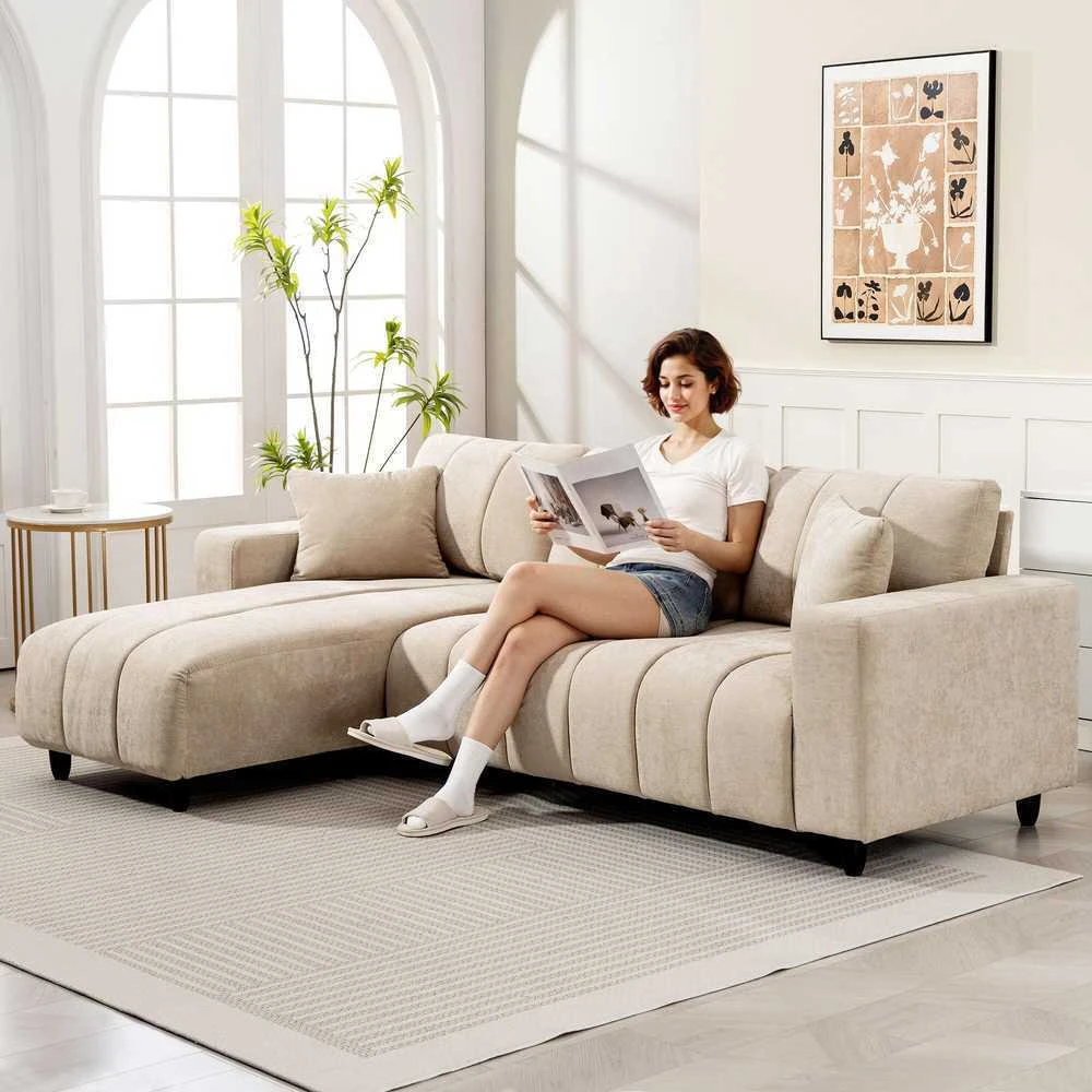 HOMCOM L-formos kampinė sofa su lanksčia šezlongo dalimi, 3 vietų sofa su 2 pagalvėmis, metaliniu rėmu, skirta svetainei, smėlio spalvos