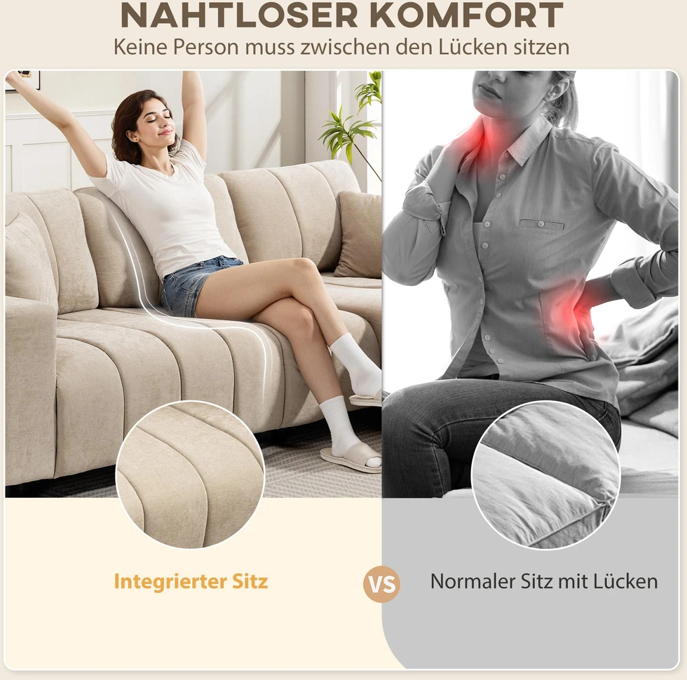 HOMCOM L-formos kampinė sofa su lanksčia šezlongo dalimi, 3 vietų sofa su 2 pagalvėmis, metaliniu rėmu, skirta svetainei, smėlio spalvos