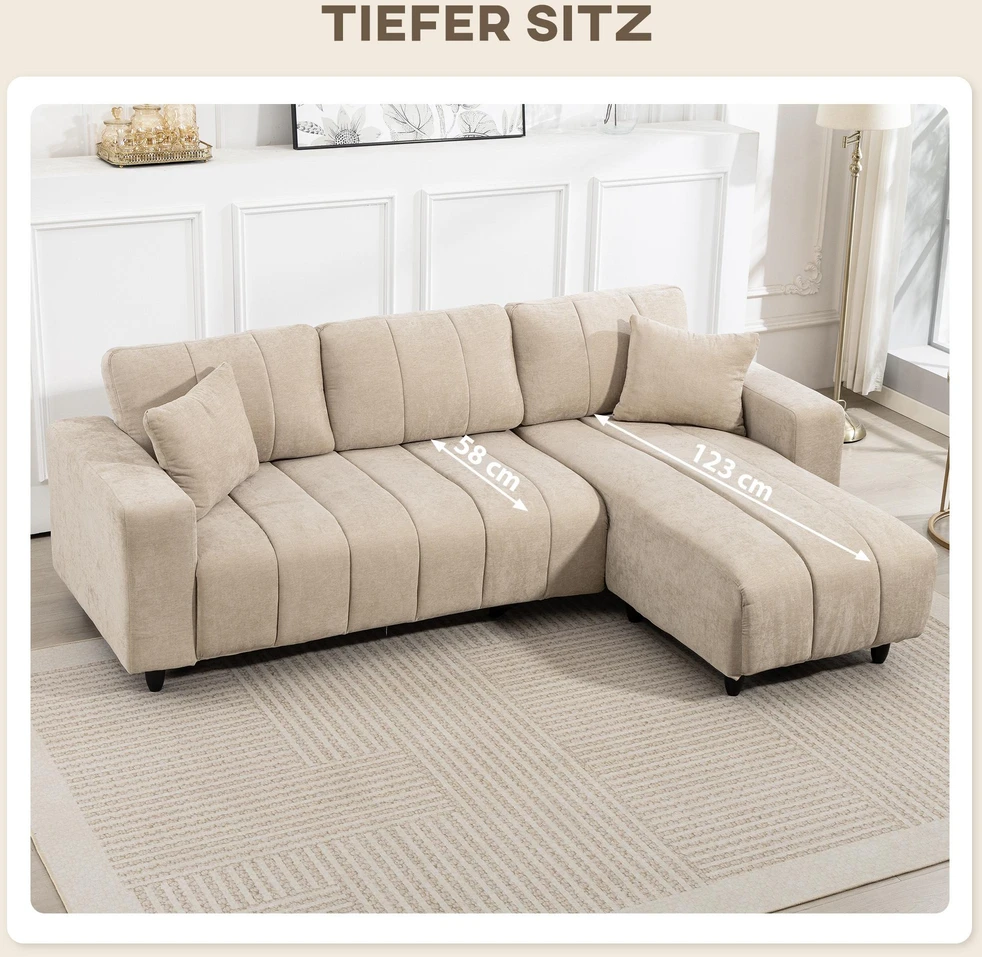 HOMCOM L-formos kampinė sofa su lanksčia šezlongo dalimi, 3 vietų sofa su 2 pagalvėmis, metaliniu rėmu, skirta svetainei, smėlio spalvos