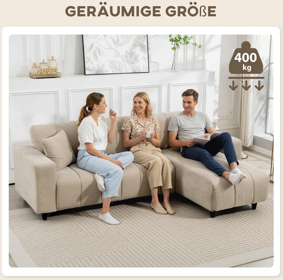 HOMCOM L-formos kampinė sofa su lanksčia šezlongo dalimi, 3 vietų sofa su 2 pagalvėmis, metaliniu rėmu, skirta svetainei, smėlio spalvos