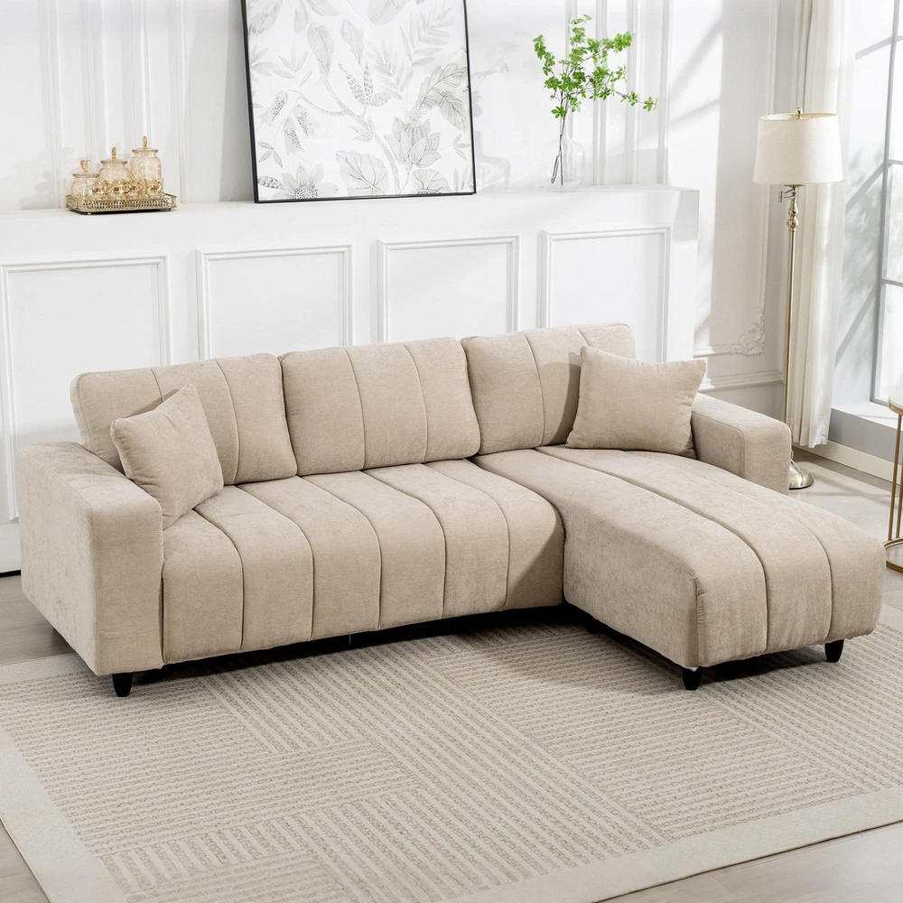 HOMCOM L-formos kampinė sofa su lanksčia šezlongo dalimi, 3 vietų sofa su 2 pagalvėmis, metaliniu rėmu, skirta svetainei, smėlio spalvos