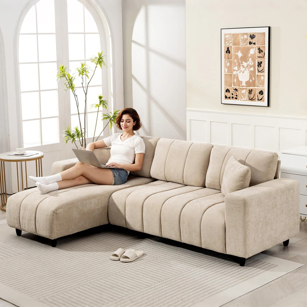 HOMCOM L-formos kampinė sofa su lanksčia šezlongo dalimi, 3 vietų sofa su 2 pagalvėmis, metaliniu rėmu, skirta svetainei, smėlio spalvos