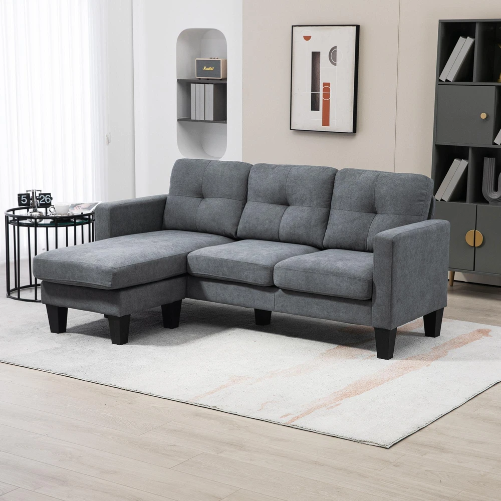 HOMCOM L-formos kampinė sofa su reversine šezlongu, spyruokliniu bloku, didelio tankio putplasčiu, lino išvaizdos audiniu, skirta svetainei ar miegamajam, tamsiai pilka